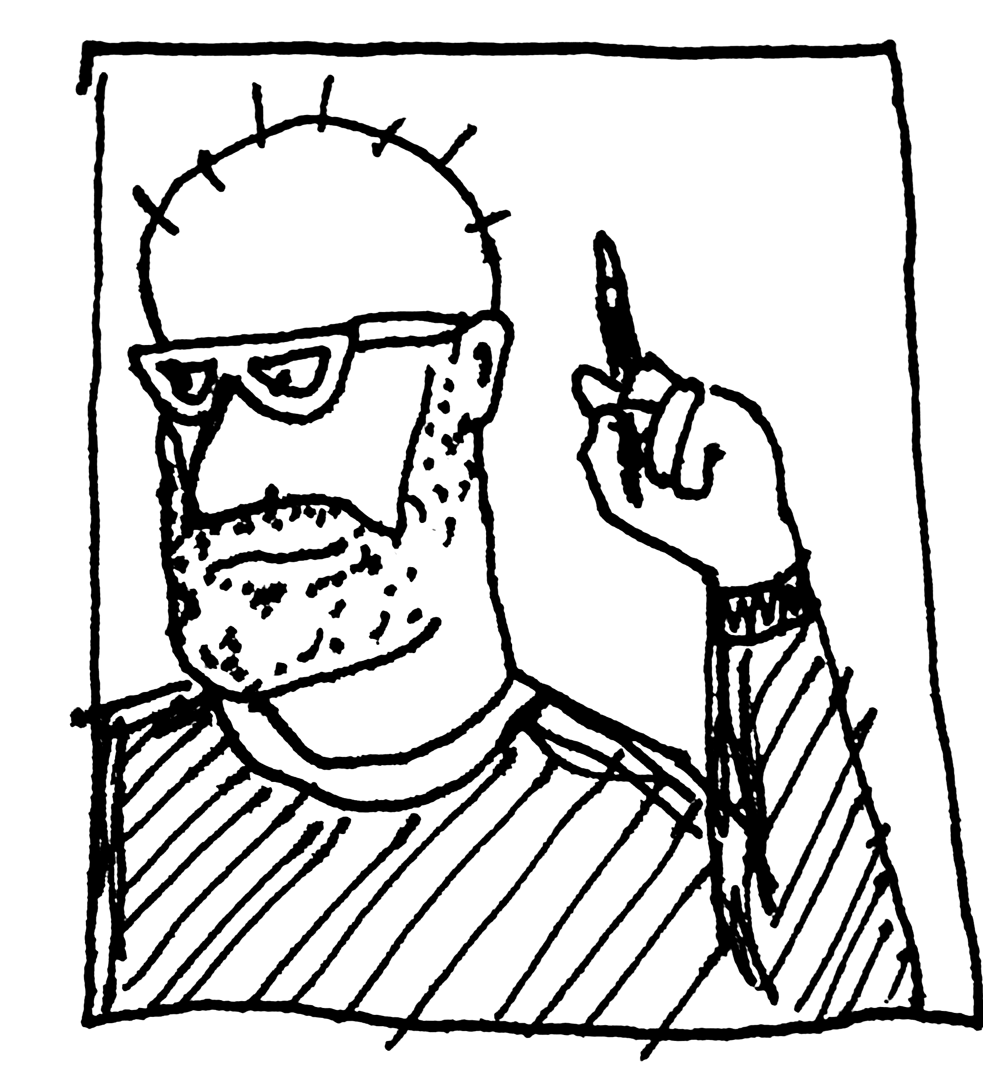 Self portrait of the author in pen and ink holding a pen.